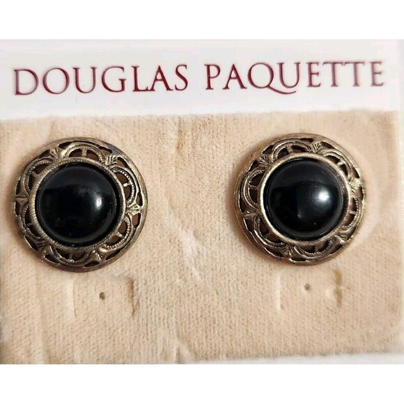 Vintage  Douglas Paquette Silvet/bronze Tone  Black Pierced Earrings NEW - Picture 1 of 3
